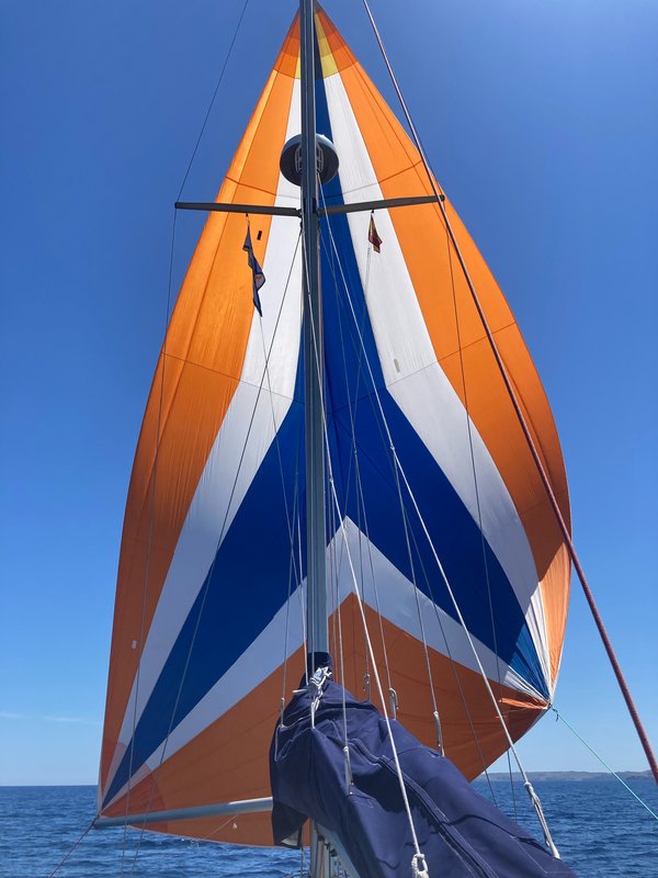 Looking up the mast at a full, colorful asymmetric spinnaker in orange, white, and blue, set against a clear blue sky