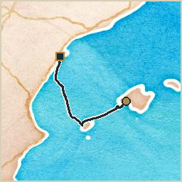 Watercolor-style map of the route from Palma de Mallorca to Sant Carles de la Ràpita: a navy track line with a gold circle marking the start and a dark square marking the end