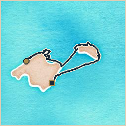 Watercolor-style map of the route from Port de Sóller to Portocolom: a navy track line with a gold circle marking the start and a dark square marking the end