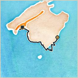 Watercolor-style map of the route from Portocolom to Palma de Mallorca: a navy track line with a gold circle marking the start and a dark square marking the end