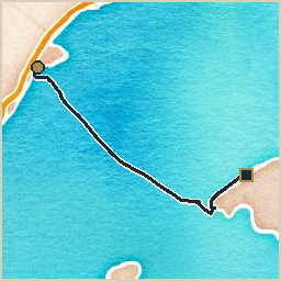 Watercolor-style map of the route from Sant Carles Marina to Port de Sóller: a navy track line with a gold circle marking the start and a dark square marking the end
