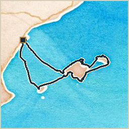 Watercolor-style map of the full spring 2026 route: a navy track line looping from the Spanish mainland out to Mallorca, around Menorca, down to Ibiza, and out to the Columbretes and back, with a gold circle marking the start and a dark square marking the end