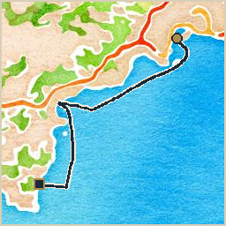 Watercolor-style map of the route from Palma de Mallorca to Portals Vells: a navy track line with a gold circle marking the start and a dark square marking the end